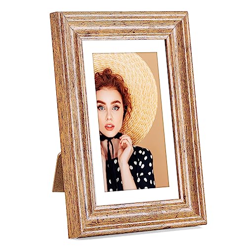 TWING 4x6 Picture Frames with Wave Texture,Display Pictures 3x5 with Mat or 4x6 Without Mat,Rustic Photo Collage Frame for Wall Decor Mounting or Tabletop Display Brown Photo Frame for Gift,Walnut