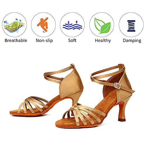 Dkzsyim Women's Satin Latin Dance Shoes Professional Ballroom Salsa Practice Performance Dancing Shoes,213-Beige-7,Us 8 #TOP4