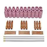 WIG Zubehör-Set 44-tlg mit Wolfram-Elektroden gold 1,6mm, 2,0mm & 2,4mm; WIG-Verschleißteile für Schlauchpaket inkl. Gasdüsen, Spannhülsen, Spannhülsengehäuse für WIG; Wolfram Aluminium