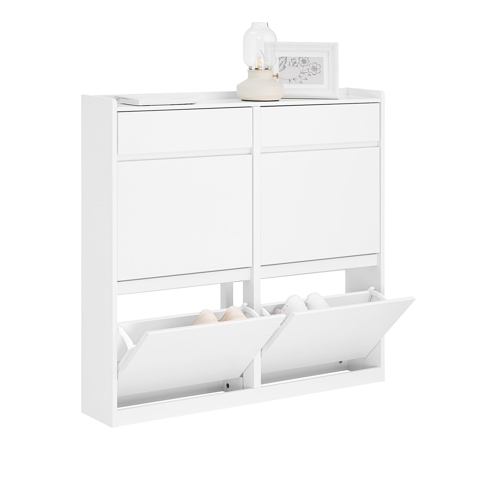 SoBuy Scarpiera Salvaspazio con 4 Ante Ribaltabili e 2 Cassetti, Grande Capacità, Mobile Scarpiera per Ingresso e Corridoio, Ideale per Piccoli Appartamenti - Design Moderno, 98x19x95cm – FSR169-W