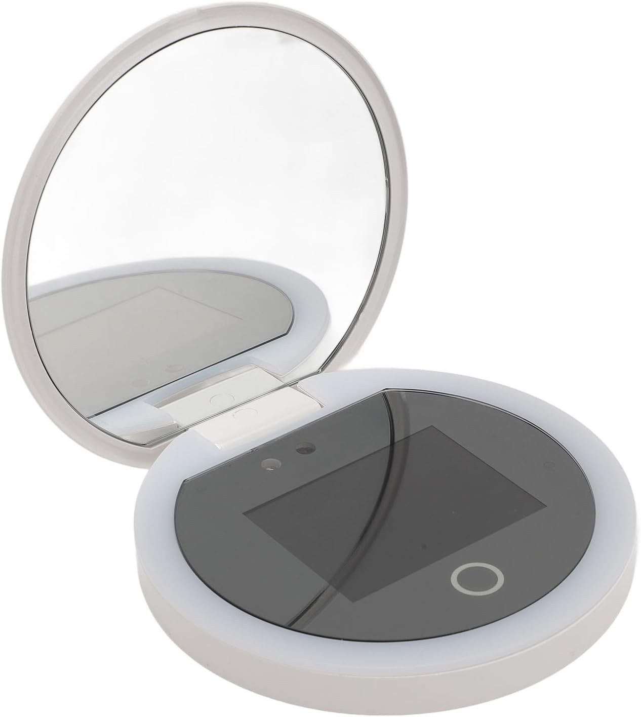 Travel Compact Mirror with Camera for Sunscreen Test, 360 Degree Fill Light & 3 Brightness Adjustment & 2X Magnification Portable Lighted Rechargeable Mirror for Handbag Pocket