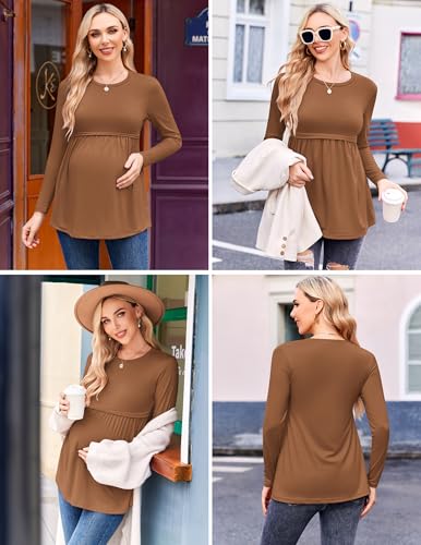 Ekouaer Maternity Shirts 3 Packs Pleated Long Sleeve Tops Tunic Casual Pregnancy Clothes Black/Brown/Grey XXL — view 3