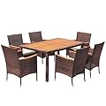 Devoko Dining 7 PCS Furniture, Patio Conversation Set with Acacia Wood Table Top, Outdoor, Beige Cushion and Brown Rattan