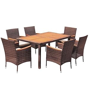 Devoko Dining 7 PCS Furniture, Patio Conversation Set with Acacia Wood Table Top, Outdoor, Beige Cushion and Brown Rattan