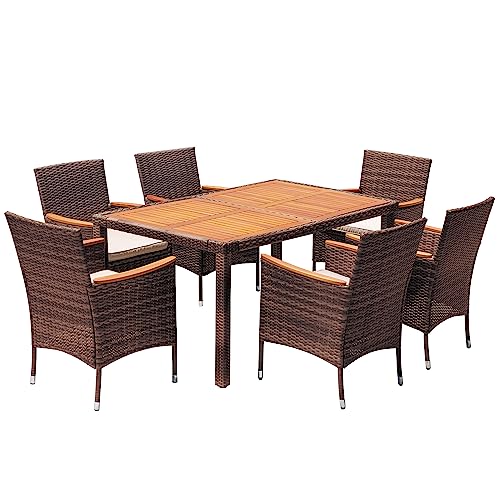 Devoko Dining 7 PCS Furniture, Patio Conversation Set with Acacia Wood Table Top, Outdoor, Beige Cushion and Brown Rattan