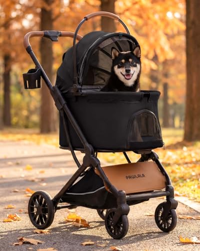 PAWLALA Pet Stroller with Detachable Carrier for Small & Medium Dogs & Cats, Smooth Comfort Ride with Shock-Absorbing Suspension, Foldable Dog Stroller, Compact Storage (Midnight Black)