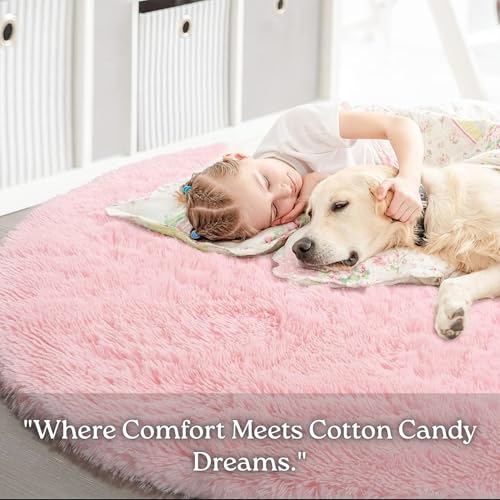 Image of Shaggy Round Area Rug - Soft Plush Circle Solid Color Carpet for Living Room, Bedroom, Kids Room - Fluffy Fuzzy Floor Mat for Home Decor (Pink, 5x5 feet, Round)