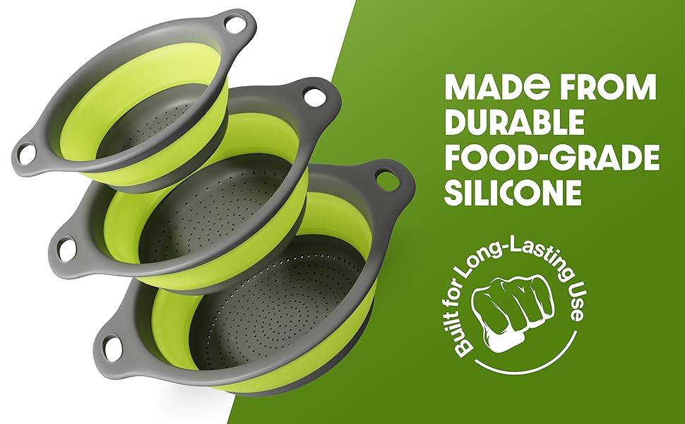 Image of Collapsible Silicone Colander Set of 3 with Drainage Tray, Foldable Food Strainer Basket for Fruits, Vegetables, Pasta & Kitchen Storage, Space Saving - Grey Green