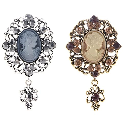 Image of Brooch Pins 2PCS Vintage Cameo Brooch Pins Women Crystal Pendant Brooches Alloy Rhinestones Brooch Flower Brooch Fashion Jewelry Clothing Accessories