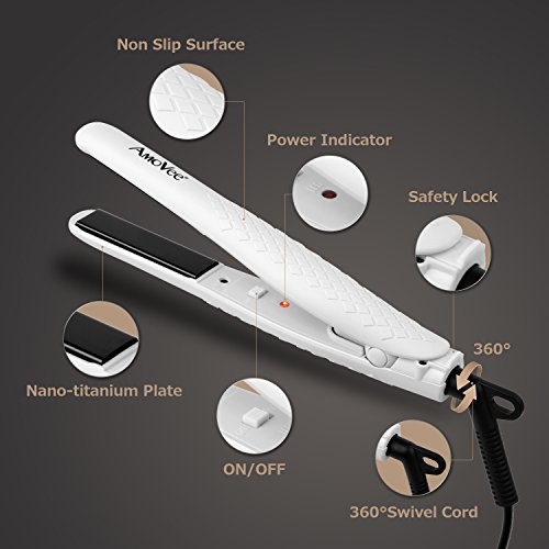 Amovee Mini Flat Iron Nano-Titanium Hair Straightener Dual Voltage For Travel, Heat Resistant Glove Included, White #TOP1