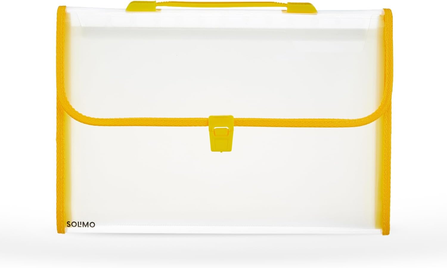 Amazon Brand - Solimo Solimo Transparent Expanding File Folder with 13 Pockets, Handle, and Buckle Closure, for A4 Size Documents (Yellow)
