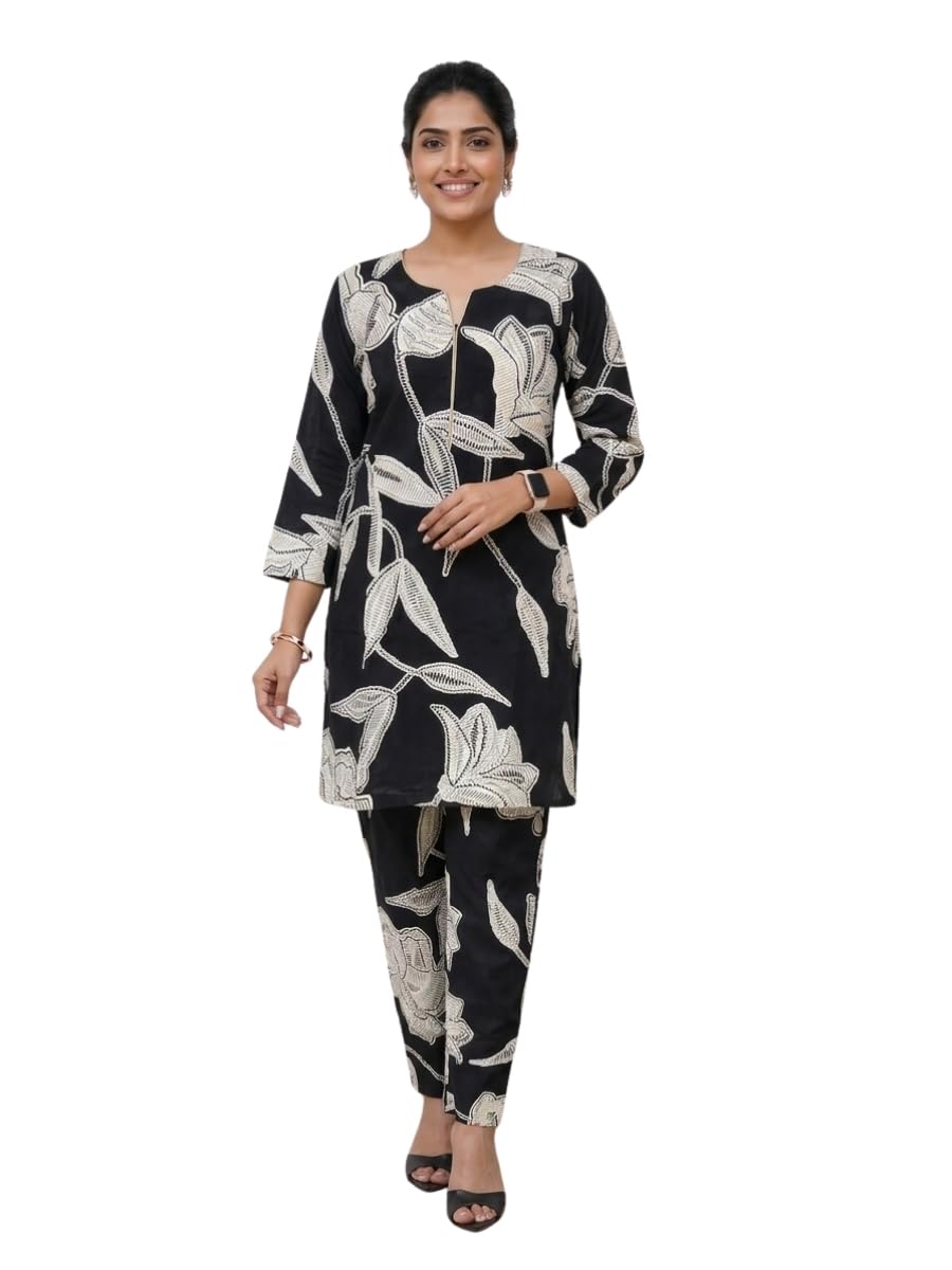Black Linen Aesthetic Floral Co-ord Set for Women-image-17
