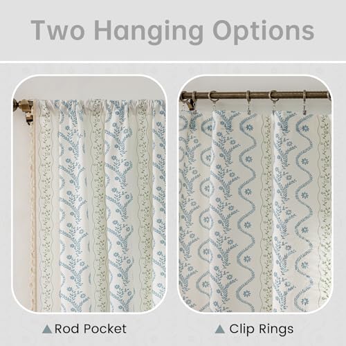 Image of Blue| Sage on White Boho Curtains 63 Inch Long for Living Room, Bedroom, 2 Panels Floral Farmhouse Vintage Tassel Semi Sheer Privacy Window Curtain Drapes with Rod Pocket