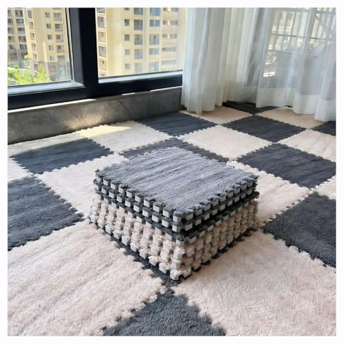 12 alfombrillas de felpa gruesa entrelazadas, azulejos de rompecabezas suaves y antideslizantes para sala de juegos de niños, sala de estar o dormitorio (marrón claro y gris, 24 x 24 pulgadas)