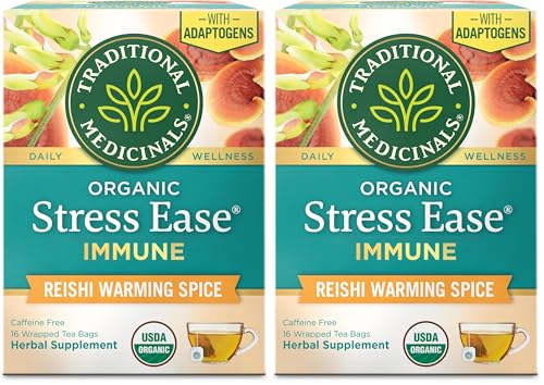 Image of Traditional Medicinals Organic, Stress Ease Immune with Adaptogens, Reishi Warming Spice - Immune Support with Astragalus - Kosher, Non-GMO, Caffeine-Free, Compostable - 16 Count (Pack of 2)