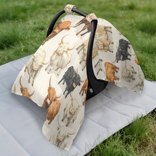 Neutral Colors Highland Cows Infant Car Seat Cover Baby Stroller Carseat Covers Canopy Girls Boys Muslin Breathable Soft Lightweight Sun Shade Universal Fit — view 5