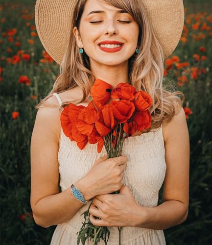 925 Sterling Silver Native American Turquoise Bracelet Cuff for Women Southwestern Squash Blossom Indian Jewelry Adjustable Bangle3