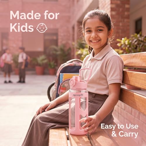 Image of Atarangi Round Pink Kawaii Water Bottle 700ml for Kids Girls | Leak Resistant Flip Top Lid | 90 Rotatable Handle | Durable Plastic Cute Drinking Bottle for School, Travel & Daily Use (Pink | 700 ml)