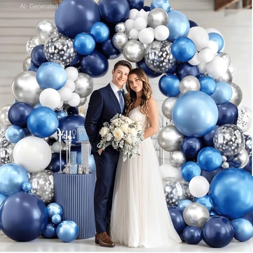 Image of Blocesa Navy Blue White Silver Balloons Arch Kit, Latex, Party Decor.
