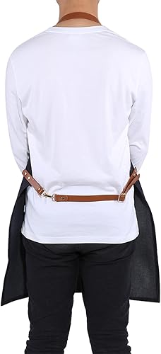 Miniatura 7 de Delantal de chef, delantal de mezclilla con correa de cuero, delantal de cocina con 3 bolsillos, delantal de cocina para panadero, barma, barbacoa,