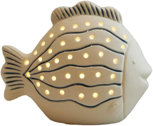 SEINHIJO Estatua de pescado escultura decoración del océano regalos estatuilla moderna cerámica artes luz LED 5.5 pulgadas