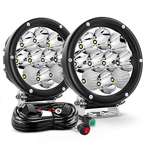 Nilight 5.7 Inch Round 50W LED Driving Light w/ 16AWG DT Connector Wiring Harness 6500LM IP68 Spot Flood Combo LED Work Lights for Offroad ATV UTV SUV Motorcycle Truck Tractor Boat, 5 Years Warranty