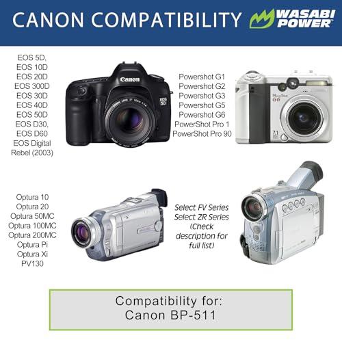 Image of Wasabi Power Battery for Canon BP-511 BP-511A BP-512 BP-514 and Canon EOS 5D 10D 20D 20Da 30D 40D 50D 300D D30 D60 Rebel PowerShot G1 G2 G3 G5 G6 Pro 1 Pro 90 Pro 90 IS FV10 FV100 FV2 FV20 FV200 FV30 FV300 FV40 FV400 FV50 FVM1 FVM10 Optura 10 Optura 100MC Optura 20 Optura 200MC Optura 50MC Optura Pi Optura Xi PV130 ZR10 ZR20 ZR25 ZR25MC ZR30 ZR30MC Z