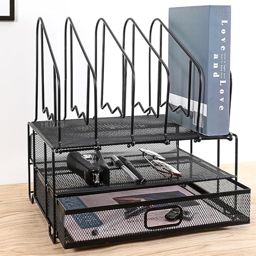 FKTXCO Desk File Organizers with Pens Holder for Desk, Workspace Accessories, Desktop Organizer with Drawer and Paper Sorter Organizer, Folder Holder for Teacher, Mesh Office Supplies - Black by FKTXCO - Image 6