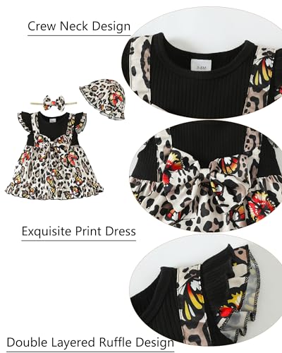 Sunny Piggy Baby Girl Clothes 12-18 Months Summer Newborn Dress Infant Outfits Fly Sleeve Floral Dress Headband+Hat Overall Skirt Set Black Leopard thumb #3