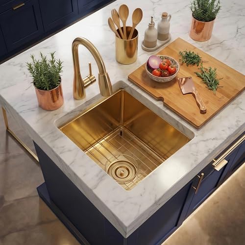 Image of LQS Gold Undermount Bar Sink, Gold Wet Bar Sink and Deep Kitchen Sink 15 inch x 17 inch RV Sink, 16 Gauge Stainless Steel Kitchen Sink with Brushed Finish For RV, Laundry, Outdoor and Prep Use, 10 inch Depth