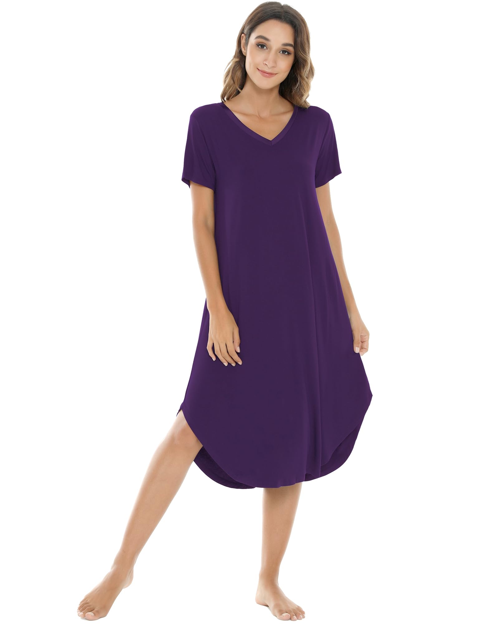 NACHILA Bamboo Viscose Nightgowns for Women Cooling Short Sleeve Sleepshirt | Soft V Neck Night Gowns, Moisture-Wicking Sleepwear for Hot Flashes &amp; Night Sweats, Ladies Nightshirts for Sleep, Home, Gift