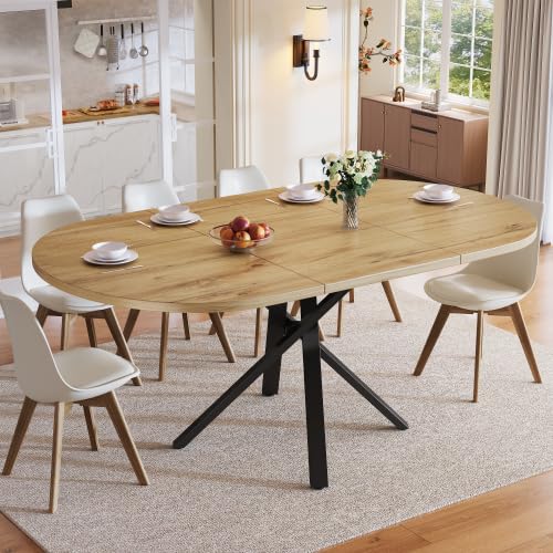 Merax Extendable Dining Table 100-140cm, Round to Oval Wood-Look Table, Black X-Metal Frame, Kitchen Table for 2-6 People, Space-Saving Dining Room Table