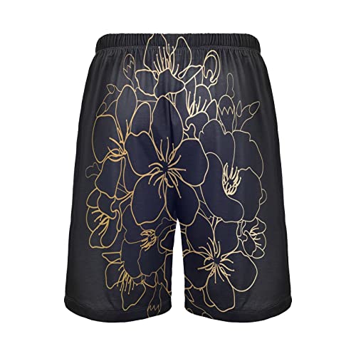 Gold Cherry Blossom Floral On Black Men's Pajama Pants Shorts Sleepwear Lounge Pajama Bottoms2