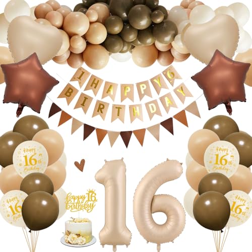 Palloncino Compleanno 16 Anni, Decorazioni Compleanno, Palloncini Numero 16 Crema, Happy Birthday Banner, Cake Topper, Palloncini Marrone Beige Compleanno per 16 Anni decorazioni Bambina Bambino
