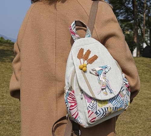 Image of Small Canvas Backpack, Retro Boho Washed Hippie for Women Daily Commute (Colorful Elephant Decorations)