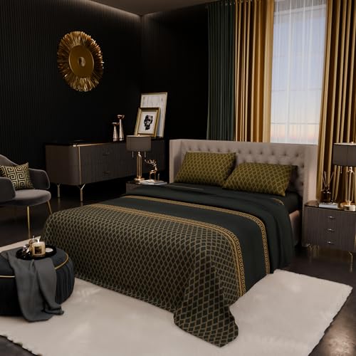 Image of Stoa Paris 100% Bamboo Cotton King Size Bedsheet with 2 Pillow Covers, 200TC Printed Bedding Set, Breathable, All-Season Comfort, Aesthetic Home Decor, Imperial Grandeur - Verde Empire (228cmx274cm)