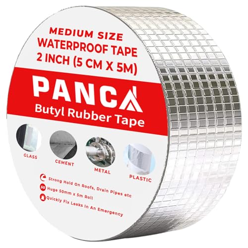 Image of PANCA Leakage Repair Waterproof Tape | Aluminium Foil Butyl Rubber Adhesive | Ideal for Pipe, Roof, and Surface Crack Sealing (2 Inch Medium), Silver