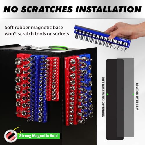 Image of 8-Piece Magnetic Socket Organizer Set, SAE & Metric Socket Holders for 1 /4 inch, 3 /8 inch, 1 /2 inch Drive, Holds 199 Sockets, Rubber-Coated Toolbox Storage Trays, Blue and Red Tool Box Organizer