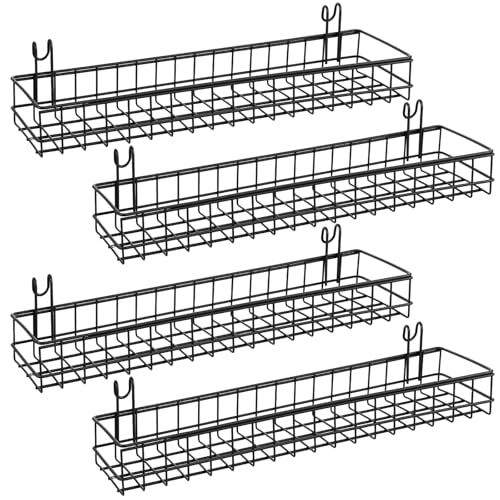 PercyEffie 4 Pcs Black Metal Grid Wall Baskets with Hooks,