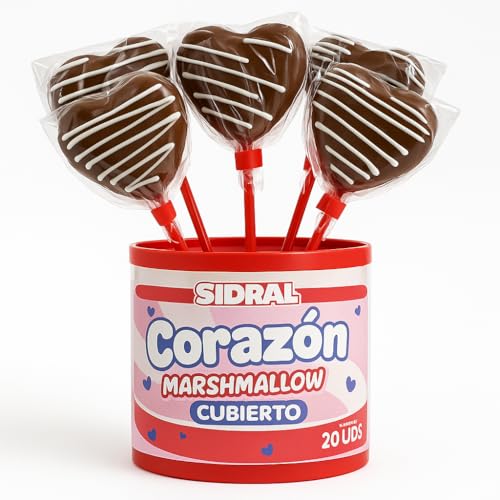 SIDRAL.Corazón, Piruletas de Marshmallow Cubiertos de Chocolate, 20 Unidades, 25 gr por Unidad