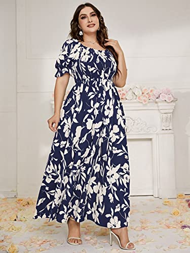 MakeMeChic Women's Plus Size Boho Floral Maxi Dress Curvy Short Sleeve Shirred Squared Neck Flomal Long Dress3