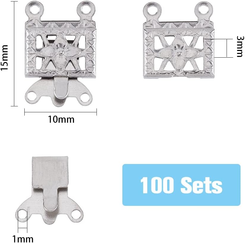 DICOSMETIC 100 Sets Box Necklace Clasp Stainless Steel Necklace Layering Clasps Rectangle with Flower Jewelry Slider Clasps 2-Strands Connector Clasp for DIY Jewelry Making - Image 2