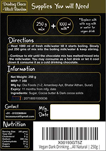 Image of La Casa Vegan Dark Drinking Chocolate - Black Bourbon Chocolate | Gluten Free | All Natural | 250g |