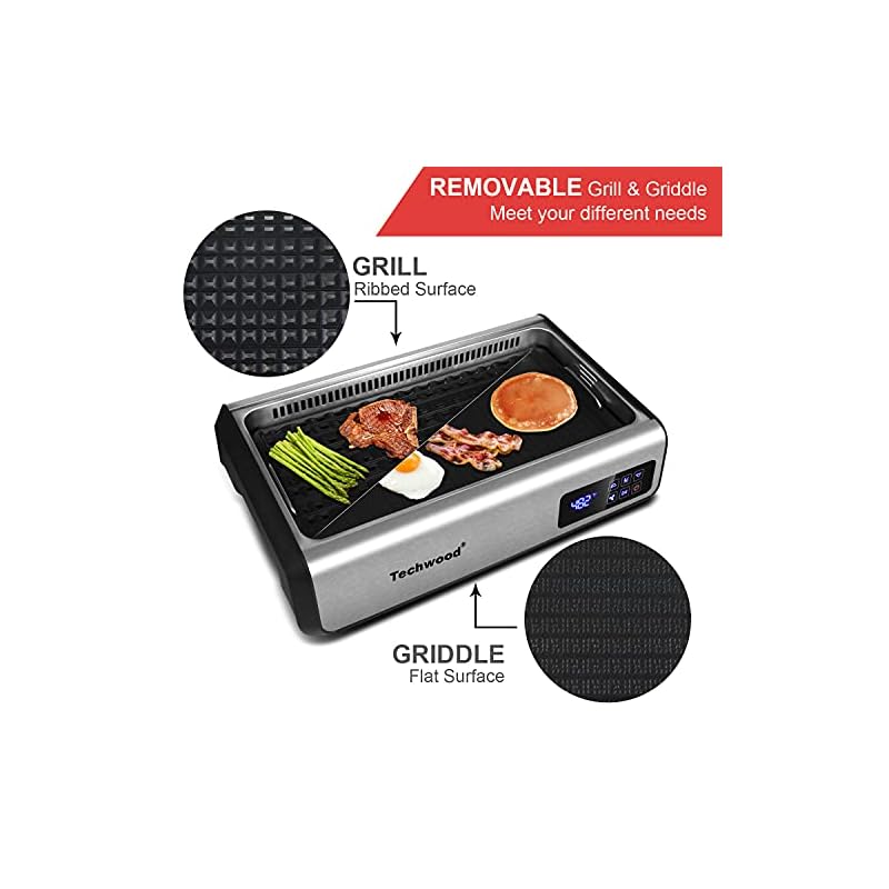 Indoor Smokeless Grill Techwood 1500W Electric Grill with Tempered Glass Lid & LED Smart Control