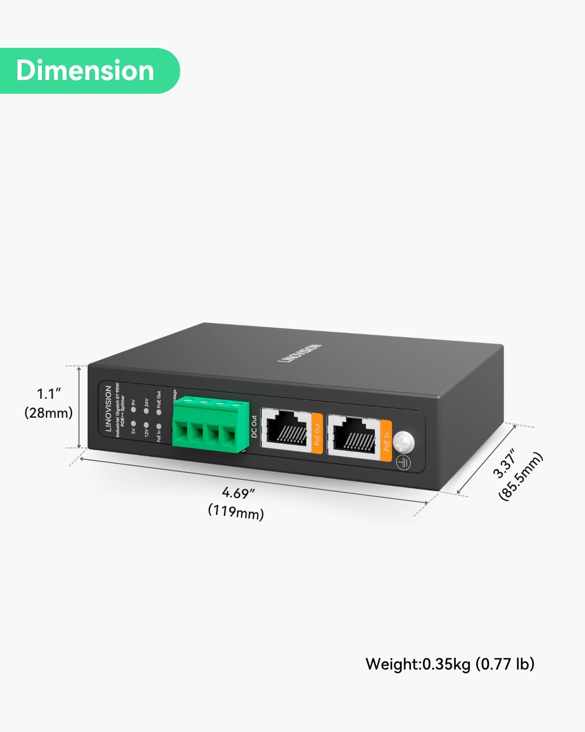 LINOVISION Splitter Poe++ Gigabit Industriale 90W con IEEE802.3bt e Uscita DC 5/9/12/24V, Montaggio su Guida DIN, da IEEE802.3bt a Poe e Alimentazione DC per Telecamere PTZ, Sistemi di Accesso