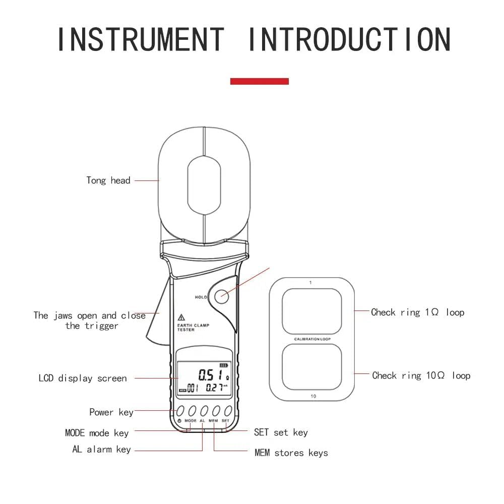 Digital Clamp Earth Resistance Tester Loop Resistance Meter Leakage Current Tester Ground Resistance Meter With Resistance Range 0.01Ω-1200Ω Current Range 0.00mA-20.0A USB interface Jaw Size 55mm×32mm