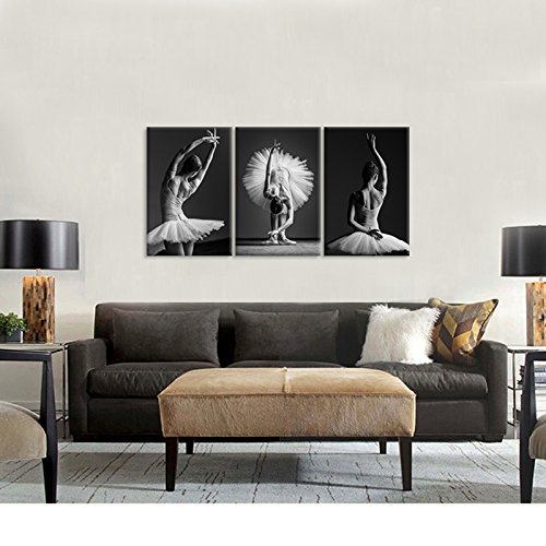 Ihappywall Dancing Girls Modern Large Contemporary 3 Panels Beautiful Ballerina Dancers With White Tutu Stretched Gallery Canvas Wrap Giclee Print Modern Wall Decor Ready To Hang 16"X24"X3Pcs #TOP1