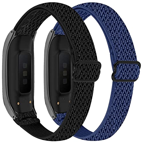 2 Pack Nylon Bands Compatible with Samsung Galaxy Fit 2 SM-R220, Stretchy Watch Band Sport Strap Wristband for Women Men, Elastic Replacement Bands for Samsung Galaxy Fit2 Smartwatch-Black/Navy Blue