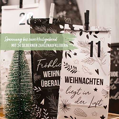 Papierdrachen Advent Calendar for Filling, 24 Black and White Gift Bags and 24 Number Stickers and Clips - Image 4