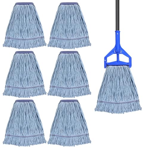 6 Pack Mop Head Replacement Commercial Heavy Duty Cotton Blue Mop Heads Replacement Reusable Looped End String Mop Refill for Industrial Residential Use